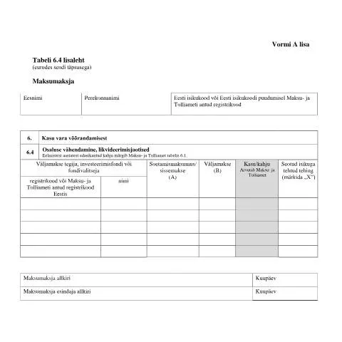 Document preview: Tabeli lisa 6.4 lisaleht: Oluline dokument maksukohustuslastele — Maksud ja maksustamine (CERFA n°VORM A TABEL 6.4 LISALEHT)