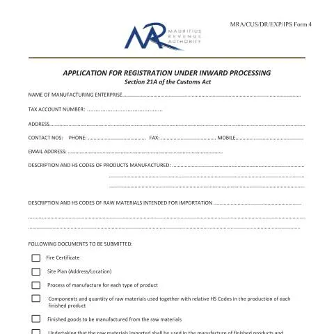 Document preview: Mastering the Inward Processing Registration Application — Customs & trade (CERFA n°RegistrationUnderIPForm4)