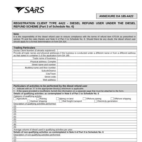 Document preview: Understanding the DA 185 4A22 Form for Diesel Refunds — Government & admin (CERFA n°DA 185 4A22)