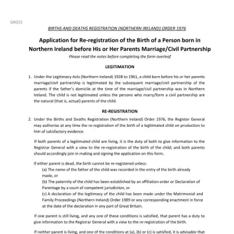 Document preview: Re-registration of Births in Northern Ireland Before Marriage or Civil — Civil status & identity (GRO 15)