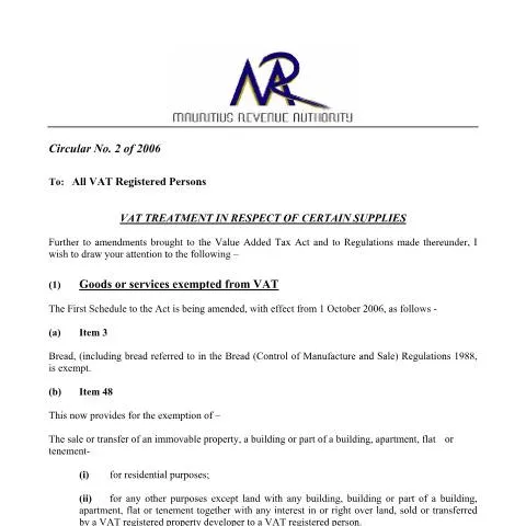 Document preview: Comprehensive Guide to VAT Treatment in Mauritius — Taxes (vatcir2)