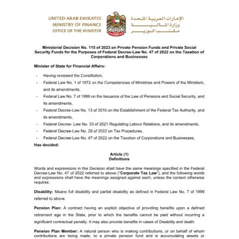 Document preview: UAE Ministerial Decision 115 2023: Private Pension and Social Security — Taxes (CERFA n°Ministerial Decision No (115) of 2023)