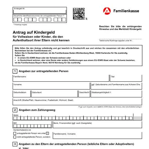 Dokumentvorschau: Kindergeldantrag für Vollwaisen und unbekannte Aufenthaltsorte — Familie (CERFA n°kg1a-bkgg_ba035515)
