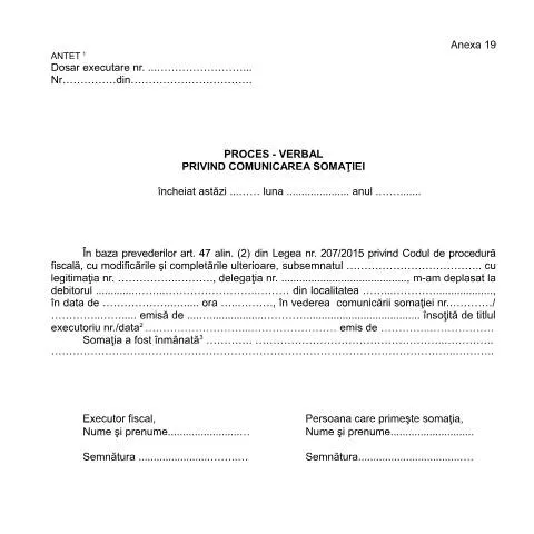 Document preview: Înțelegerea Procesului-verbal OPANAF 63/2017 privind somația — Formalități administrative (CERFA n°A19_OPANAF_63_2017)