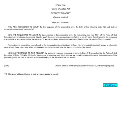 Document preview: Understanding the Request to Admit (Form 51A) in Canadian Courts — Legal & justice (FORM 51A)