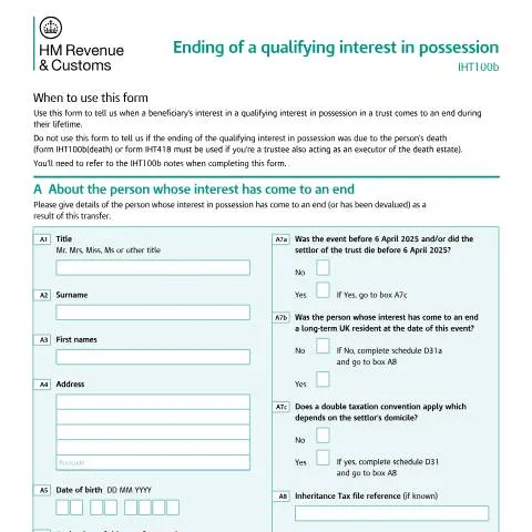 Document preview: How to Report the End of a Qualifying Interest in Possession Using — Taxes