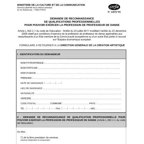 Aperçu du document Reconnaissance des qualifications pour enseigner la danse en France — Emploi & travail (CERFA n°14531*01)