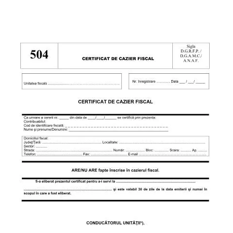 Document preview: Importanța certificatului de cazier fiscal în România — Impozite & fiscalitate (CERFA n°D_504_OPANAF_2048_2023)