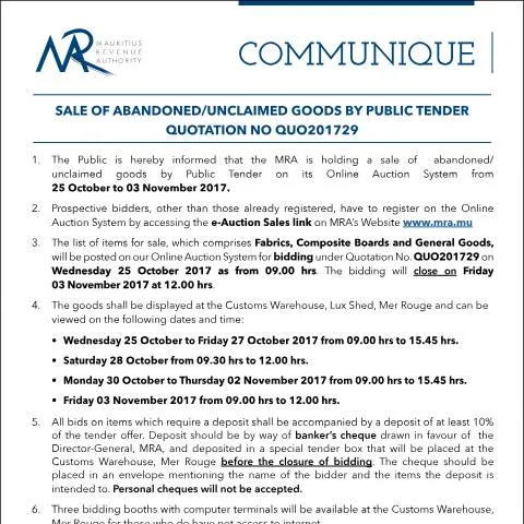 Document preview: Understanding the Auction of Unclaimed Goods in Mauritius — Government & admin (CERFA n°CommuniqueQ29of2017)