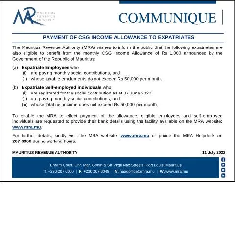 Document preview: Navigating the CSG Income Allowance for Expatriates in Mauritius — Government & admin (CSGExpatriates110722)