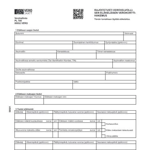 Document preview: Verokorttihakemus rajoitetusti verovelvollisille eläkeläisille — Verot & verotus (CERFA n°Vero 5058)