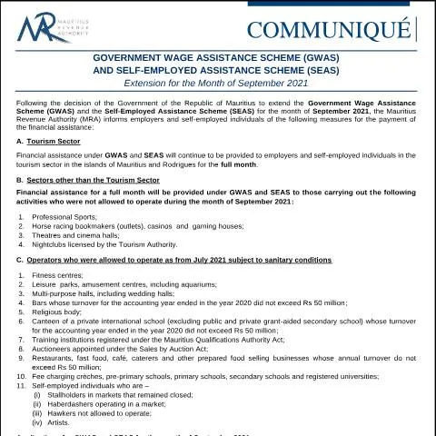 Document preview: Extension of Wage and Self-Employed Assistance Schemes for September — Benefits & social aid (CERFA n°Communique160921)