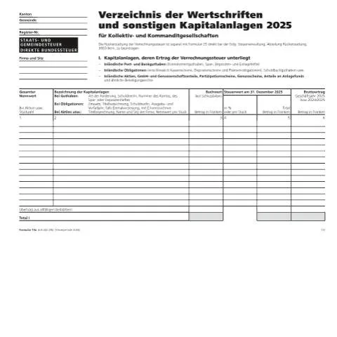 Dokumentvorschau: Verzeichnis der Wertschriften und Kapitalanlagen für Gesellschaften — Steuern (13a)