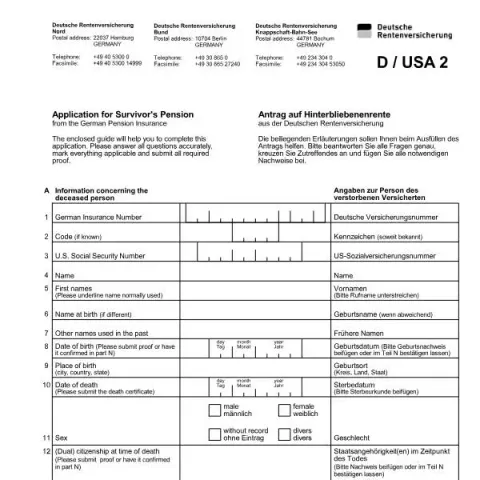 Dokumentvorschau: Formular A5042 Antrag auf Hinterbliebenenrente aus USA (Englisch) — Rente & Pension (A5042)