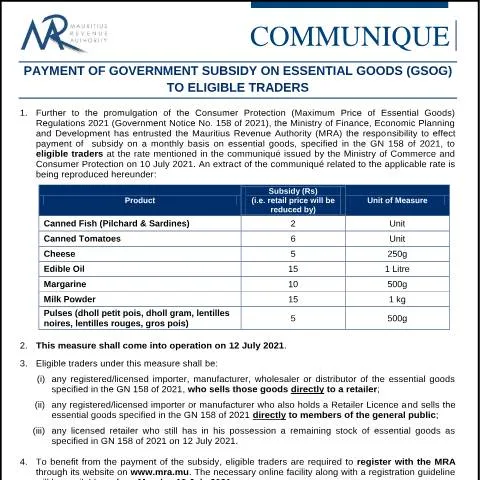 Document preview: Official Notice on the Payment of Government Subsidy on Essential — Government & admin (CERFA n°Communique150721)