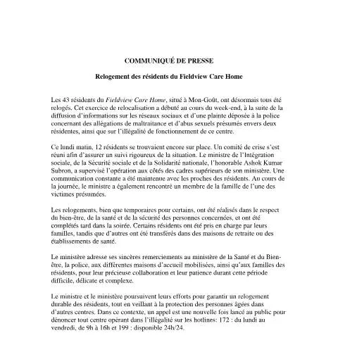 Document preview: Official Relocation Notice for Fieldview Care Home Residents — Government & admin (CERFA n°COMMUNIQUE-DE-PRESSE-RELOGEMENT)