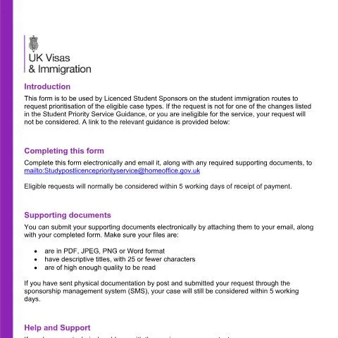 Document preview: Priority Service Request Form for Student Sponsor Licences — Immigration & visas