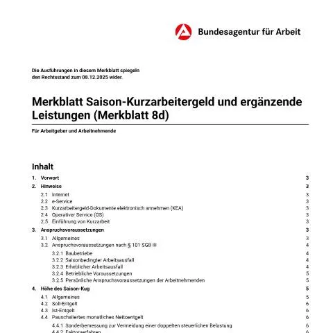 Dokumentvorschau: Saison-Kurzarbeitergeld: Unterstützung für Arbeitgeber und — Arbeit & Beschäftigung (CERFA n°merkblatt-8d-saison-kug_ba034265)