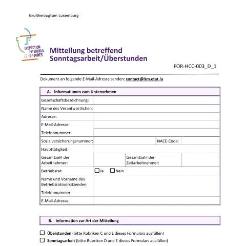 Aperçu du document Comprendre la Mitteilung sur le travail dominical et les heures — Démarches administratives (CERFA n°FOR-HCC-003-D-1)