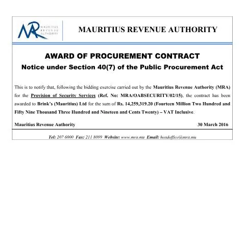 Document preview: Mauritius Public Procurement Contract Award Notice — Government & admin (Procurement300316)