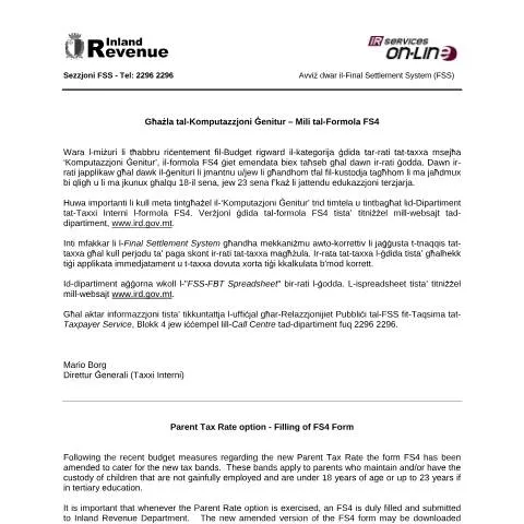 Document preview: Understanding Malta's Social Security Contributions for Parents — Taxes (CERFA n°fss_parentrates)