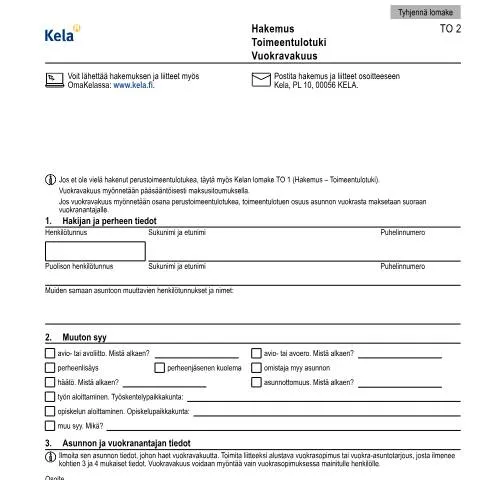 Document preview: Toimeentulotuki ja vuokravakuus: Hakemuksen merkitys — Asuminen (CERFA n°Kela TO 2)