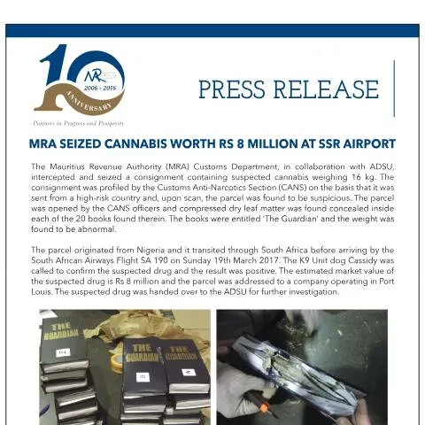 Document preview: Significant Cannabis Seizure by MRA at SSR Airport — Government & admin (PressReleaseNo4)