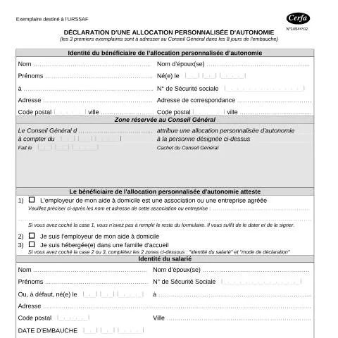 Aperçu du document Formalités déclaratives de l'allocation personnalisée d'autonomie — Santé (CERFA n°10544*02)