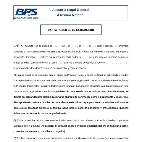Vista previa del documento Todo sobre la Carta Poder del Extranjero en Uruguay — Trámites administrativos