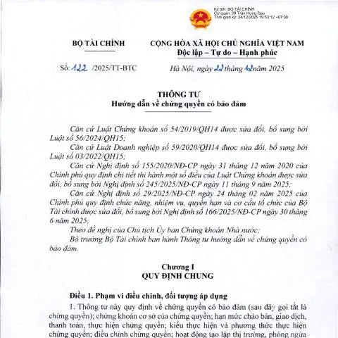Document preview: Tìm Hiểu Thông Tư 122/2025/TT-BTC Về Chứng Quyền Có Bảo Đảm — Thuế & tài chính (CERFA n°122/2025/TT-BTC)