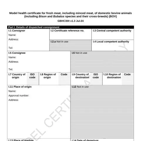 Document preview: UK Bovine Meat Export Certification: GBHC300 Requirements — Government & admin