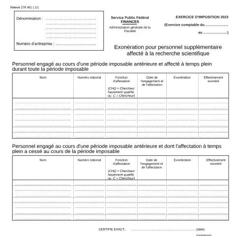 Aperçu du document Exonération fiscale pour le personnel de recherche en Belgique — Impôts & fiscalité (CERFA n°121-276-w1)