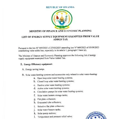 Document preview: Understanding Rwanda's VAT Exemption for Energy Supply Equipment — Taxes (CERFA n°List_of_energy_supply_equipment_exempted_from_VAT_July_2025)