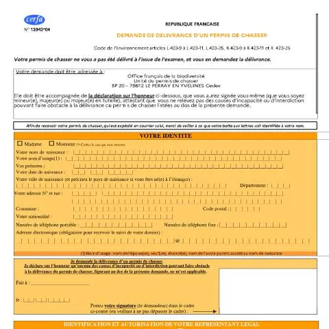 Aperçu du document Demande officielle de permis de chasser : guide complet — Démarches administratives (CERFA n°13943*04)