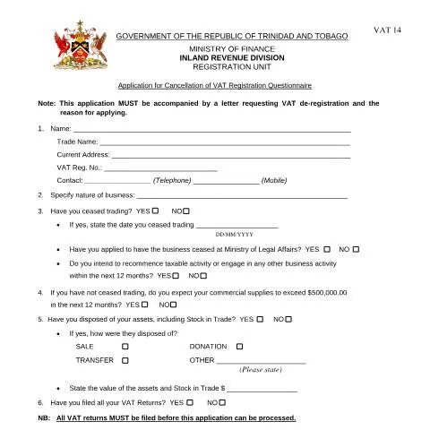 Document preview: Navigating the VAT 14 Cancellation Process — Taxes (CERFA n°VAT14)
