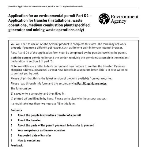 Document preview: Environmental Permit Transfer Process: Part D2 Application — Environment & energy