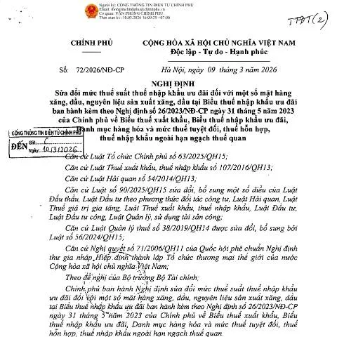 Document preview: Cập Nhật Nghị Định 72/2026/NĐ-CP Về Thuế Nhập Khẩu Ưu Đãi — Thủ tục hành chính (CERFA n°72/2026/NĐ-CP)