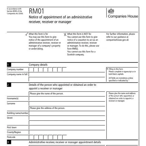 Document preview: Administrative Receiver Appointment: RM01 Form Requirements — Business