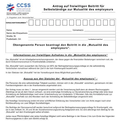Aperçu du document Protection des travailleurs indépendants avec la Mutualité des — Emploi & travail (CERFA n°ccss-formulaire-entree-mutualite)