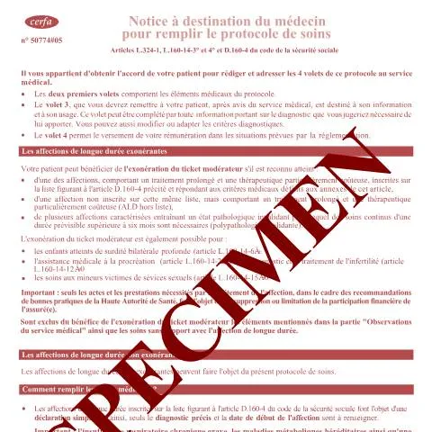 Aperçu du document Affection de longue durée : comprendre le protocole de soins — Santé (CERFA n°11626*07)