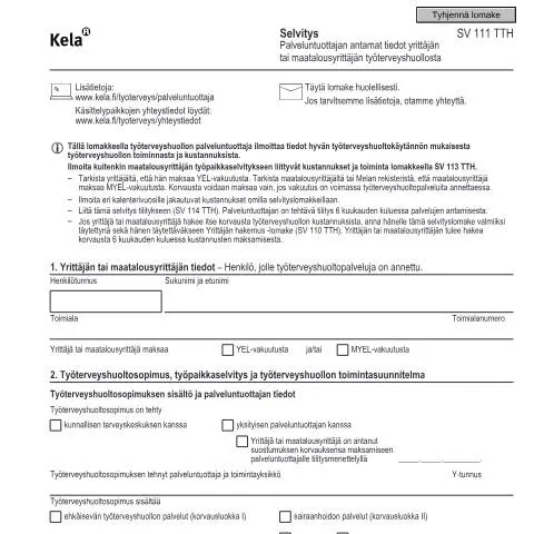 Document preview: Työterveyshuollon selvityslomake Kela SV 111 TTH: Roolit ja vastuut — Terveys (CERFA n°Kela SV 111 TTH)