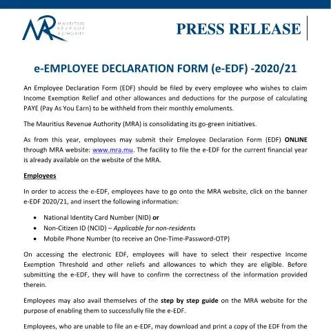 Document preview: Understanding the e-Employee Declaration Form in Mauritius — Work & employment (CERFA n°PressReleaseEDF)