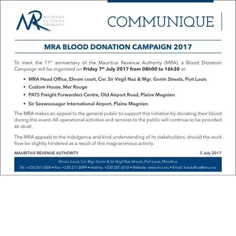 Document preview: MRA Blood Donation Campaign Kicks Off on July 7, 2017 — Government & admin (BloodDonation2017)