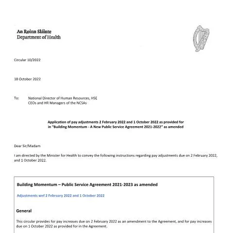 Document preview: Overview of Pay Adjustments in Irish Health Sector per Circular — Work & employment (CERFA n°AND1)