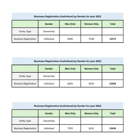 Document preview: Understanding Business Registration by Gender for 2022-2025 — Government & admin (Business-Registration-Individual-by-Gender-for-year-2022-2025)
