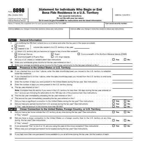 Document preview: Navigating IRS Form 8898: A Guide for U.S. Territory Residents — Taxes (CERFA n°8898)