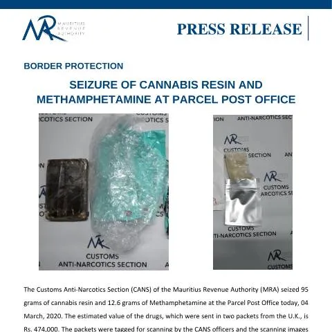 Document preview: Major Drug Seizure at Mauritius Parcel Post Office — Government & admin (PressRelease040320)