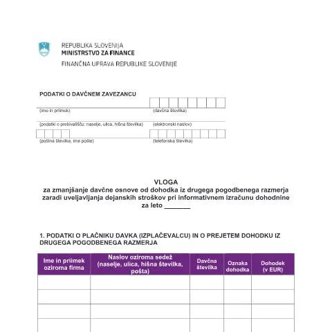 Document preview: Zahtevek za zmanjšanje davčne osnove v Sloveniji — Davki & obdavčitev (CERFA n°Doh-DejStr)
