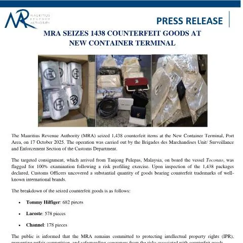 Document preview: MRA's Major Seizure of Counterfeit Goods Explained — Government & admin (Press1438Goods)