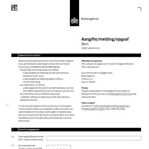 Documentvoorvertoning: Belang van Aangifte BPM voor Voertuigen in Nederland — Belastingen (CERFA n°bpm0111z13fol)